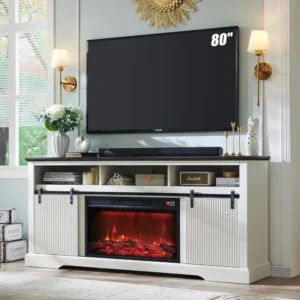 Modern White Entertainment Center with 30 Electric Fireplace,