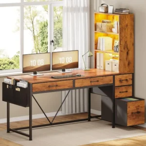 5-Drawer Rustic Brown Desk with Bookshelf